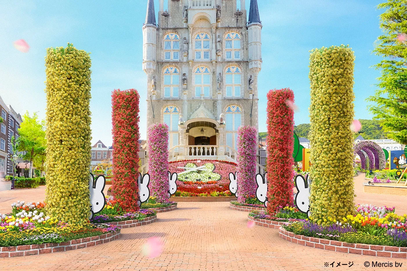 ミッフィーのフラワーブルームガーデンとヨーロピアンスタイルの建物