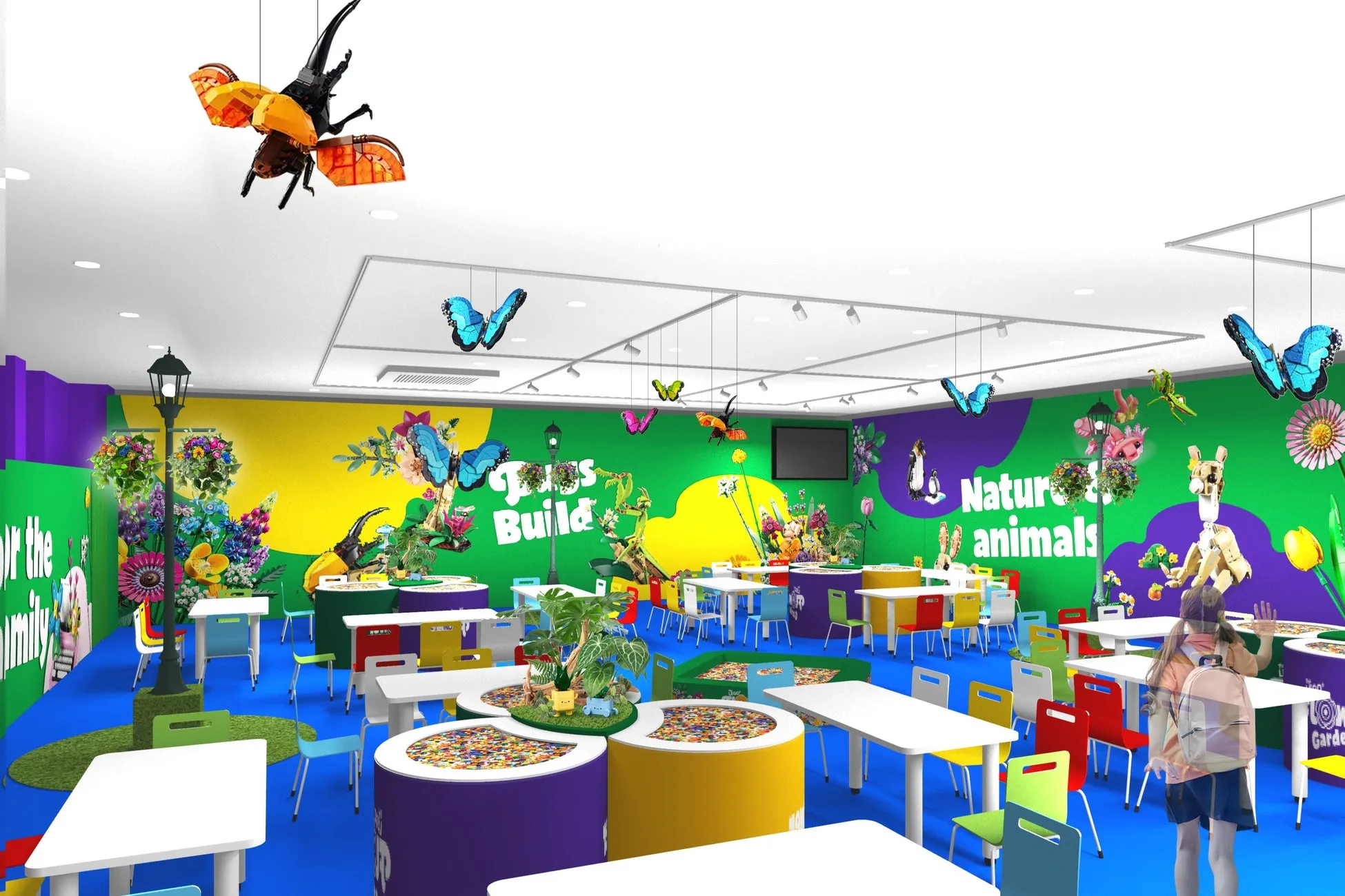 レゴランドのカラフルな室内空間と自然をテーマにした装飾
