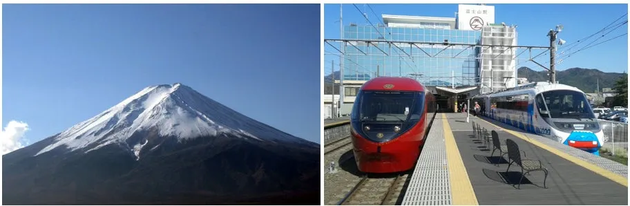 雪をまとった富士山と鉄道駅の電車