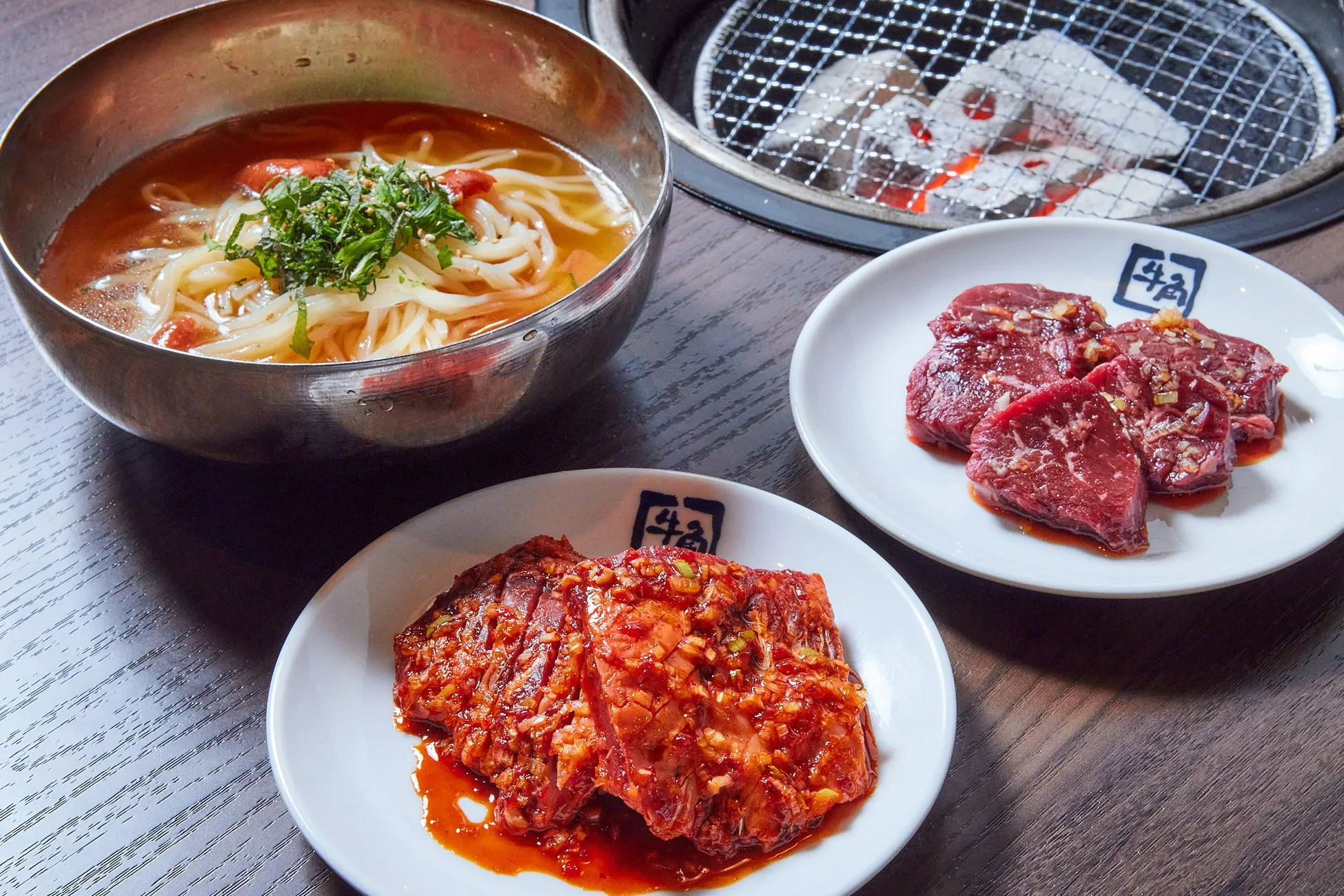 熟成王様カルビ、牛角ハラミ、梅しそ冷麺