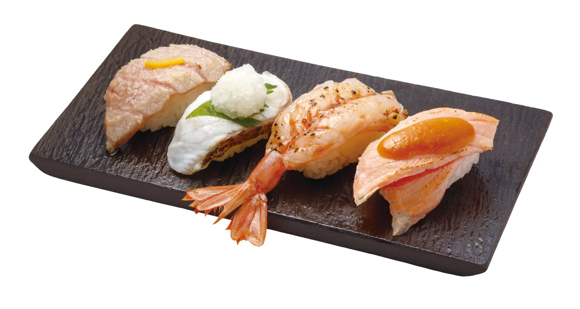 はま寿司の【極】炙り三昧(炙り本鮪大とろゆず塩、炙りまだい(大葉おろしのせ)、天然赤えびレアステーキ、サーモン西京炙り) 690円(税込759円)