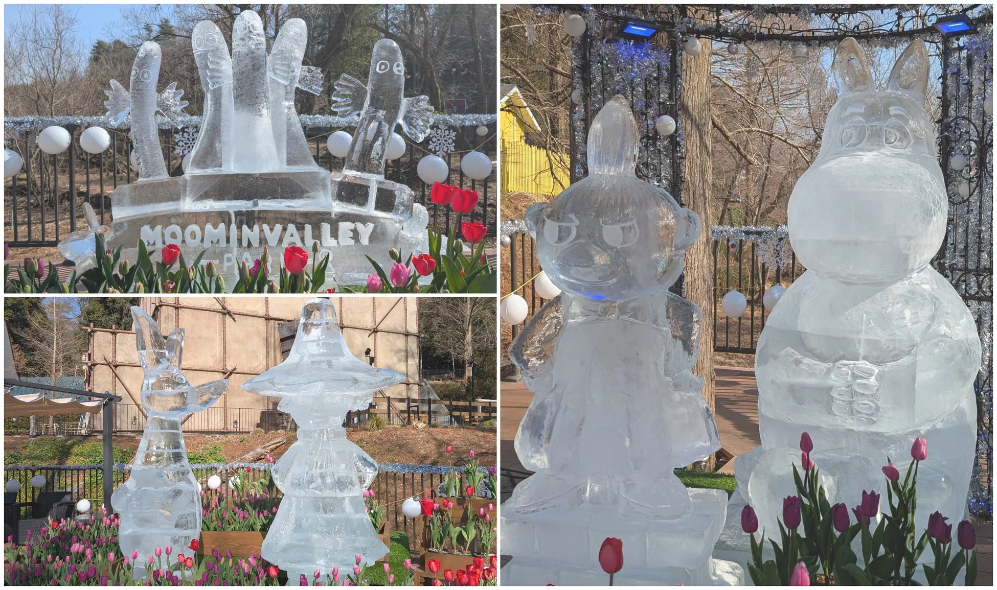 ムーミンキャラクターの氷彫刻とチューリップ