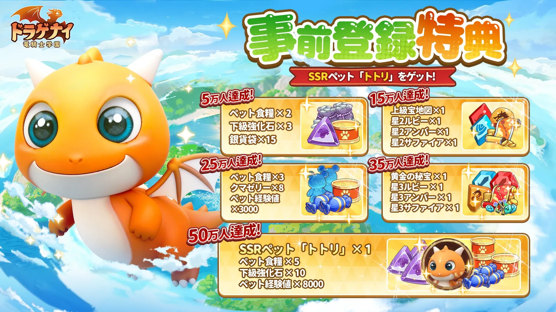 50万人突破でSSRペット「トトリ」がもらえる事前登録特典のイメージ