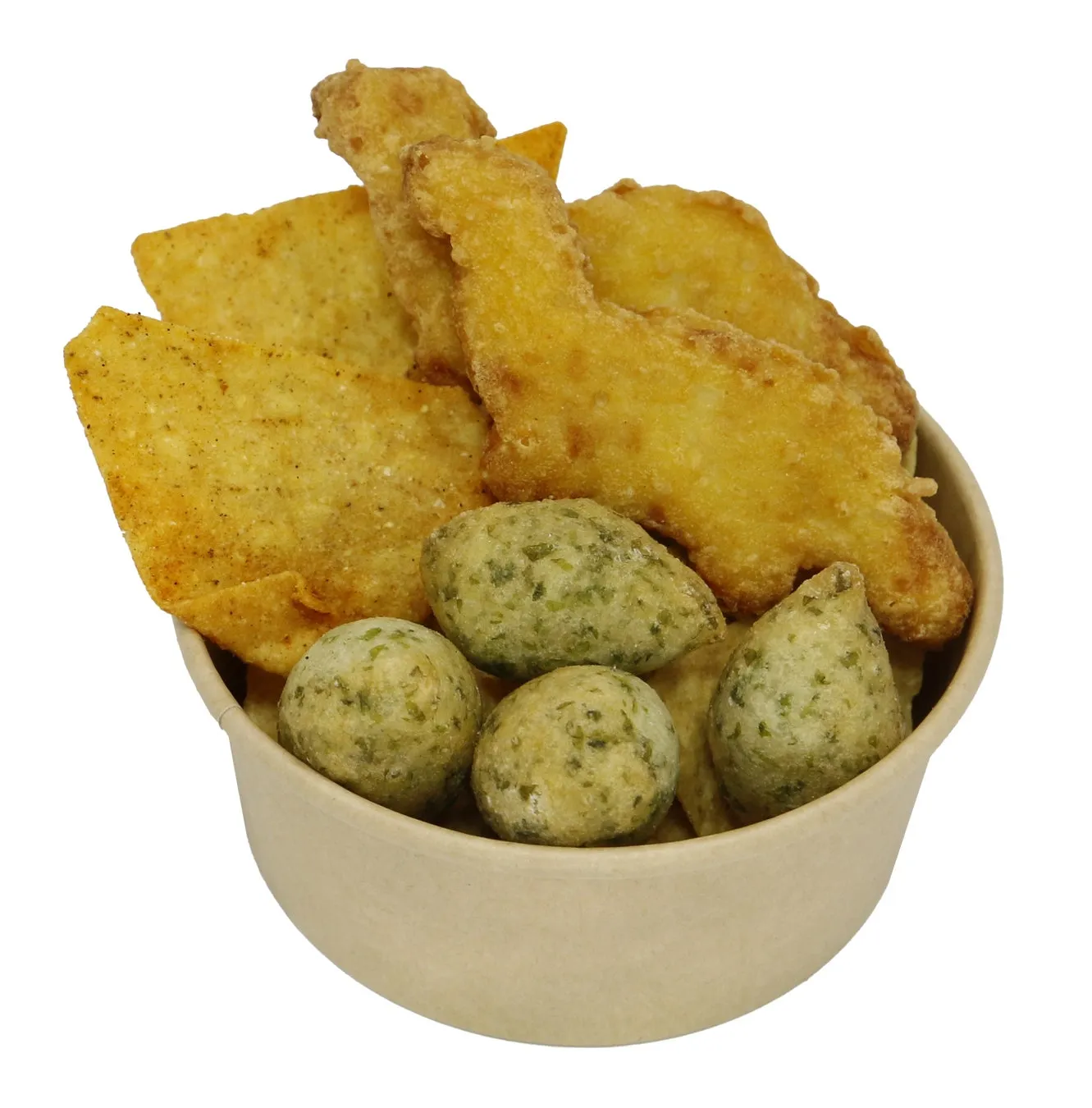 恐竜の形をしたチキンナゲットとスナック菓子