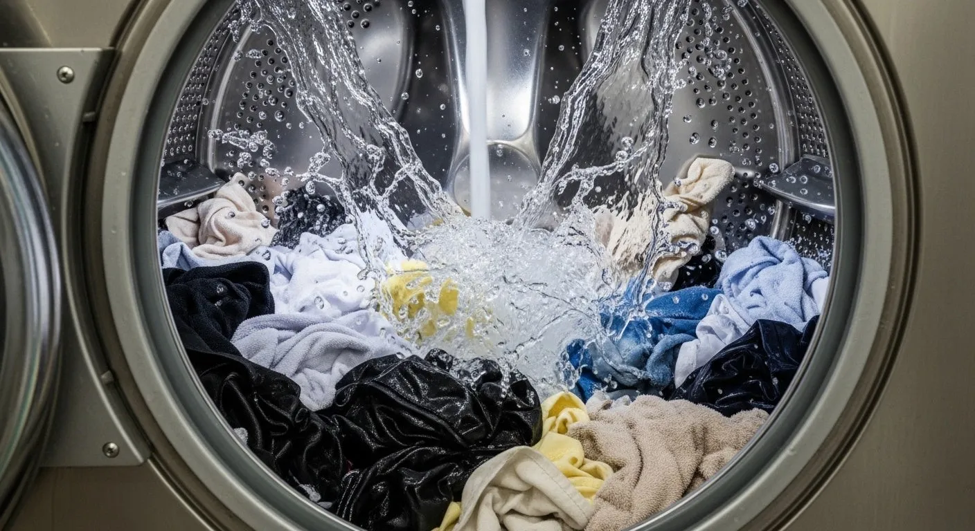 しろふわ便の大型洗濯機とガス乾燥機による洗濯の様子