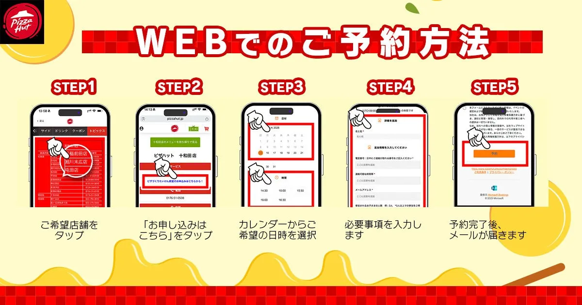 ピザたいけん教室のWEB予約の5ステップを説明するイメージ
