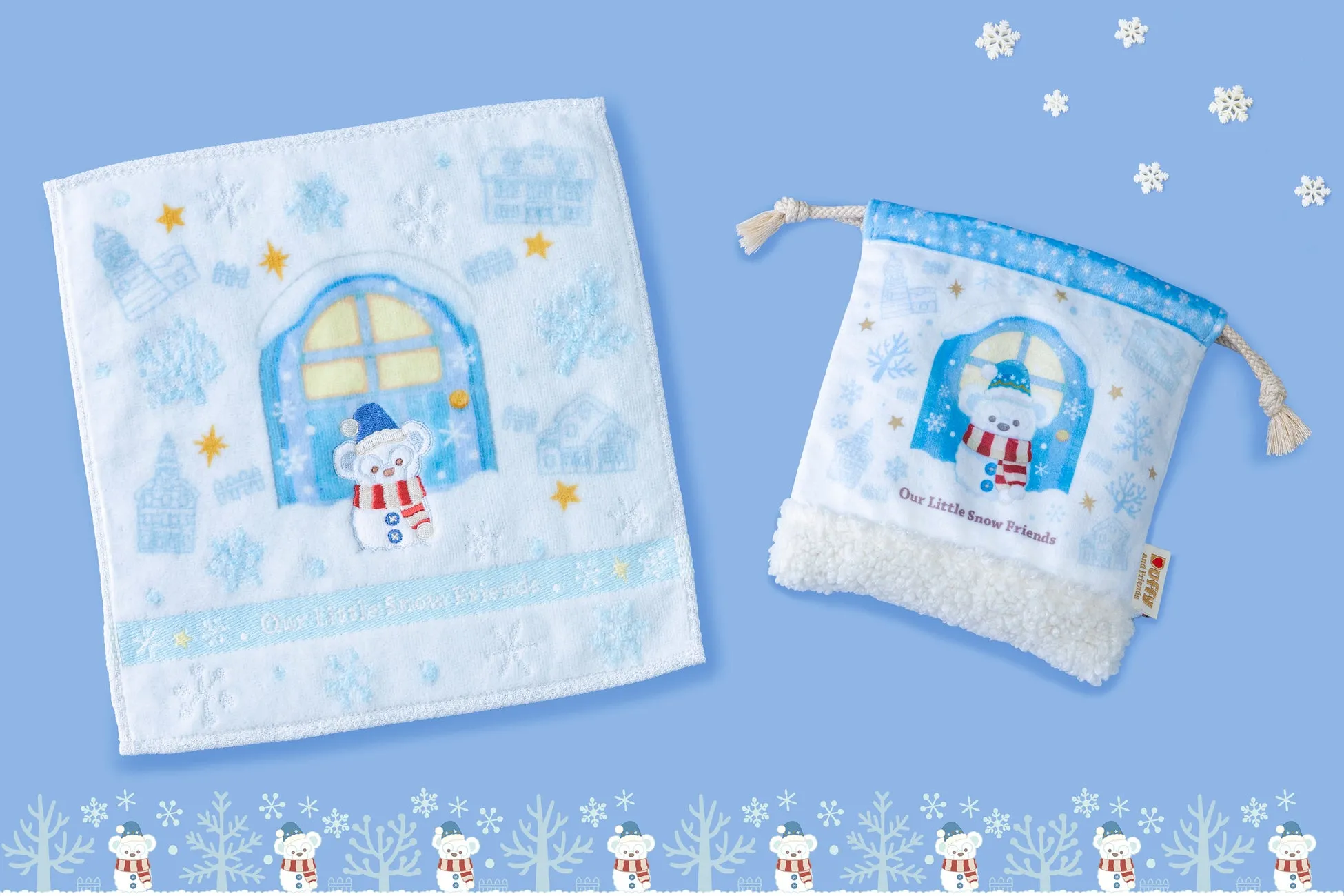 ダッフィーの雪のキャラクター柄のタオルと巾着