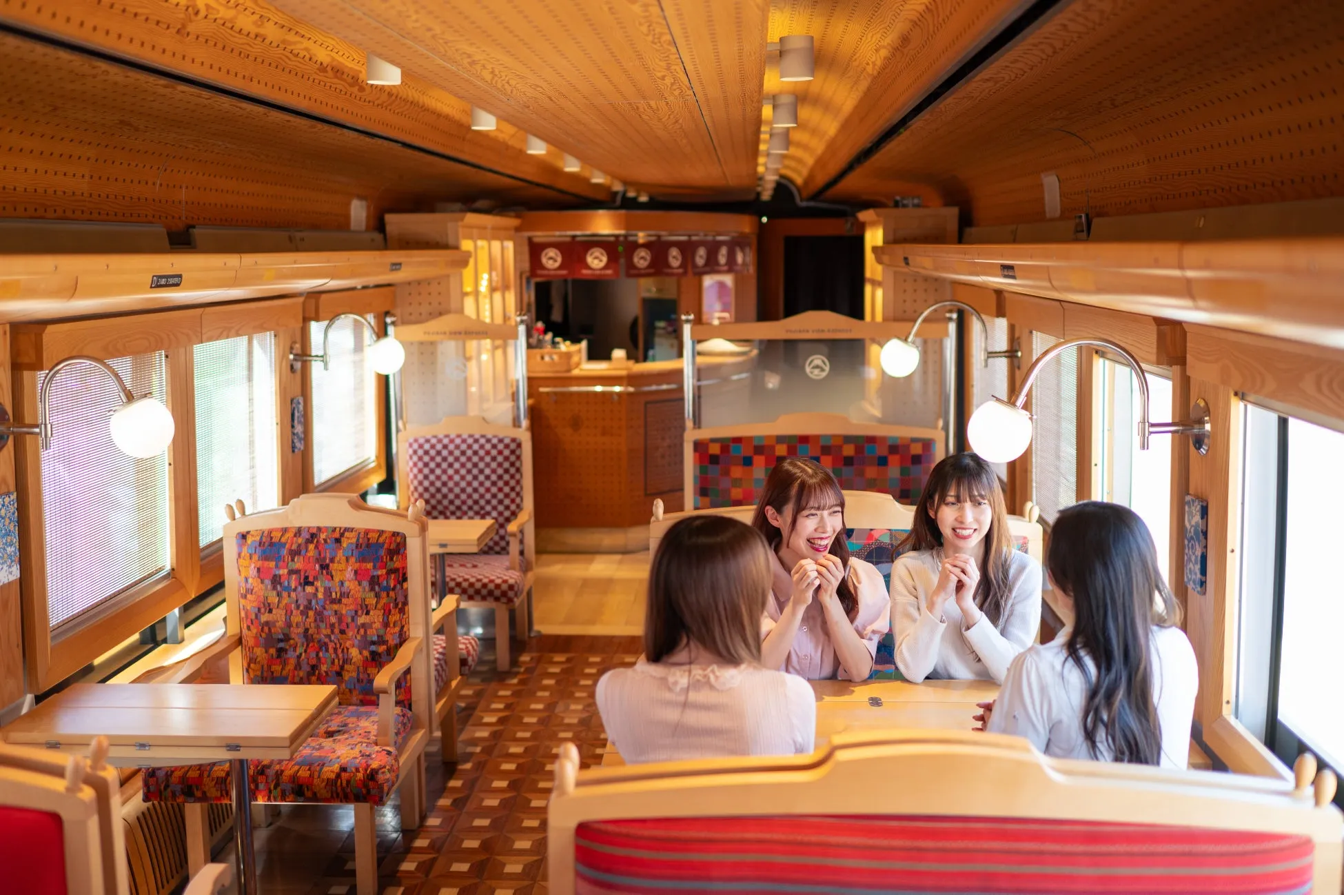 富士山ビュー特急の車内で会話する女性たち