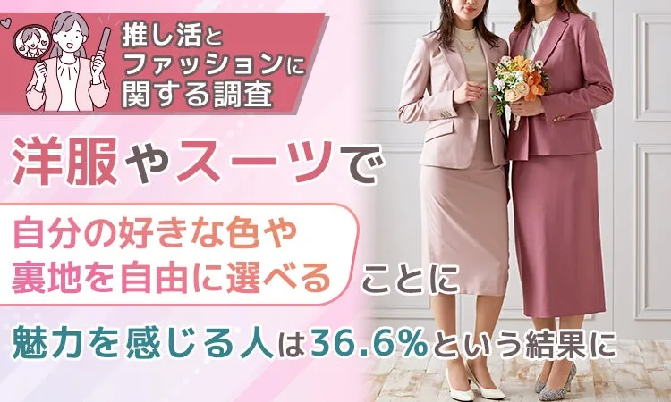 ピンクのスーツを着た女性と調査結果の文字