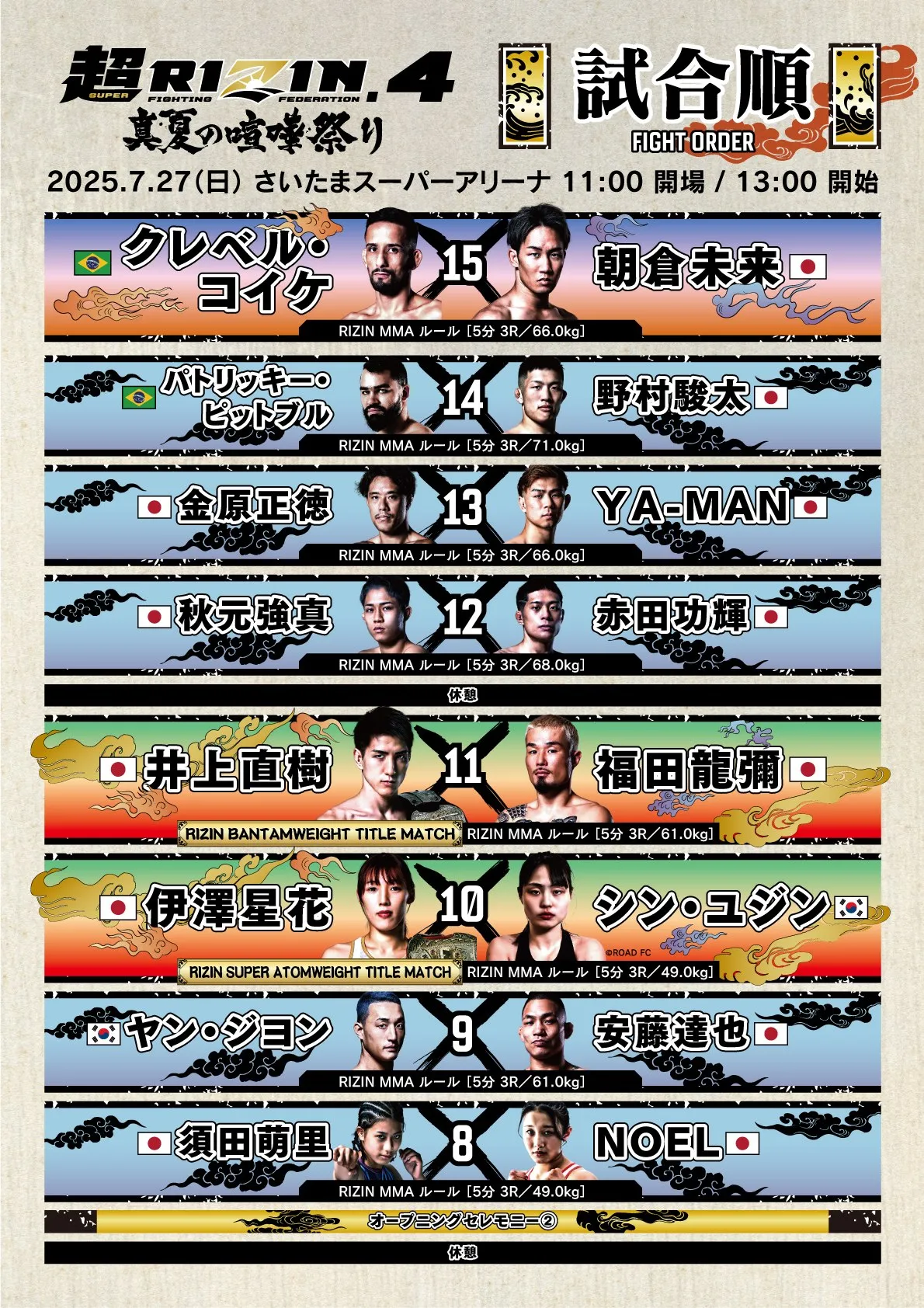 『超RIZIN.4』は3部制＆OPセレモニー2回　メインはクレベルvs.朝倉未来、セミはパトリッキーvs.野村駿太