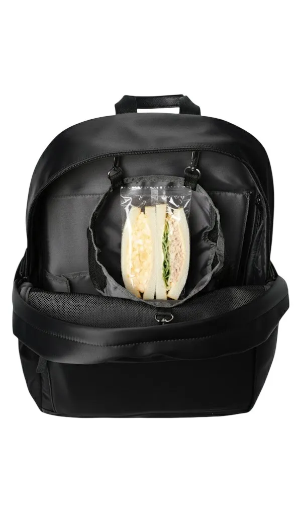 サンドイッチ、おにぎり、子どもから不意のプレゼント…”つぶしたくないもの”を守れるビジネスリュックが使いやすそう