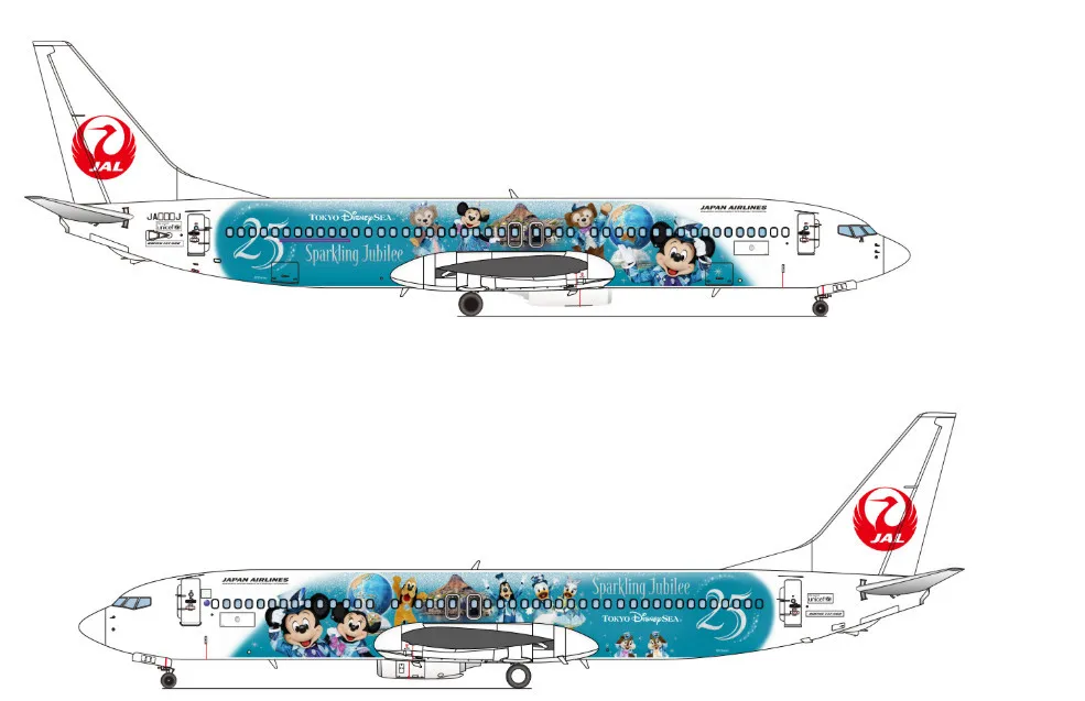 JAL、東京ディズニーシー特別塗装機を発表　「ジュビリーブルー」を基調　ミッキーのほかアクアスフィアやプロメテウス火山描かれる　機内品も特別デザインに