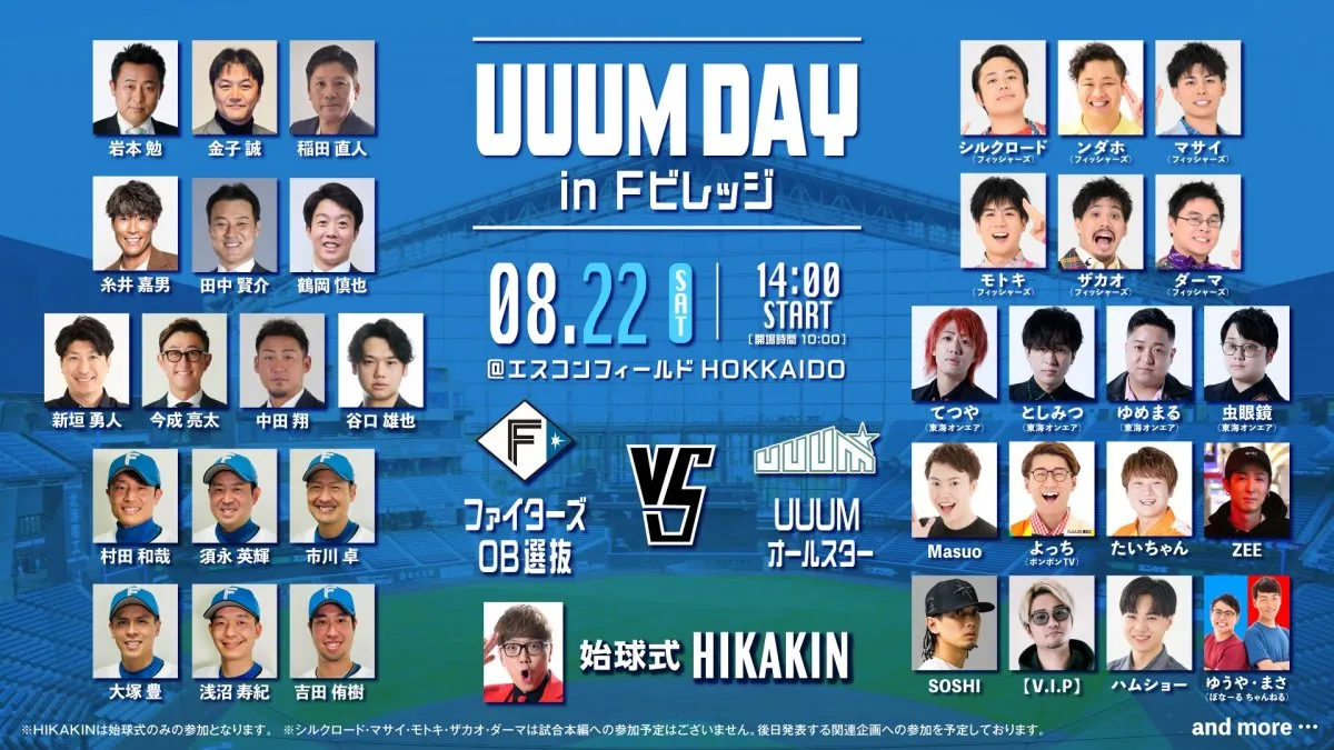 ファイターズOB選抜 vs UUUMオールスター、エスコンでガチンコ野球対決決定【出演者一覧】