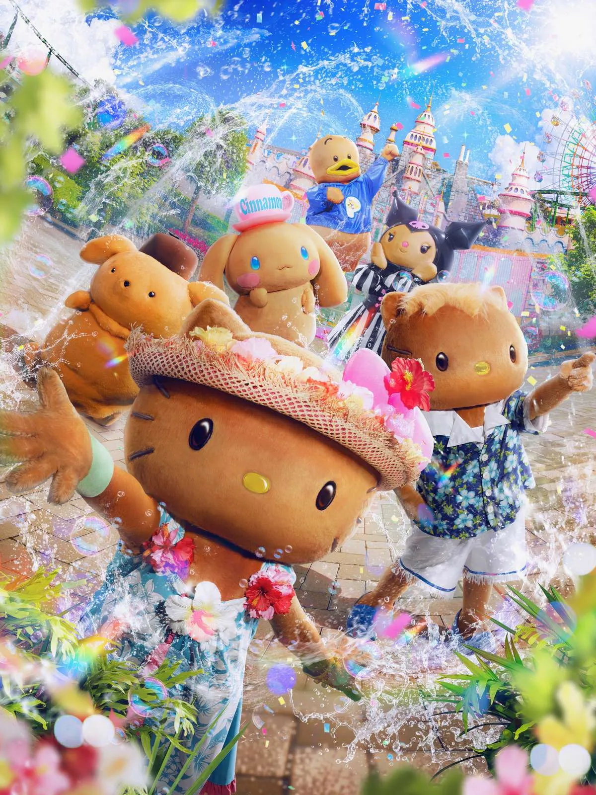 サンリオのテーマパーク史上初、こんがり日焼け姿のポムポムプリン、シナモロールらが登場　大分・ハーモニーランドで夏イベント開催