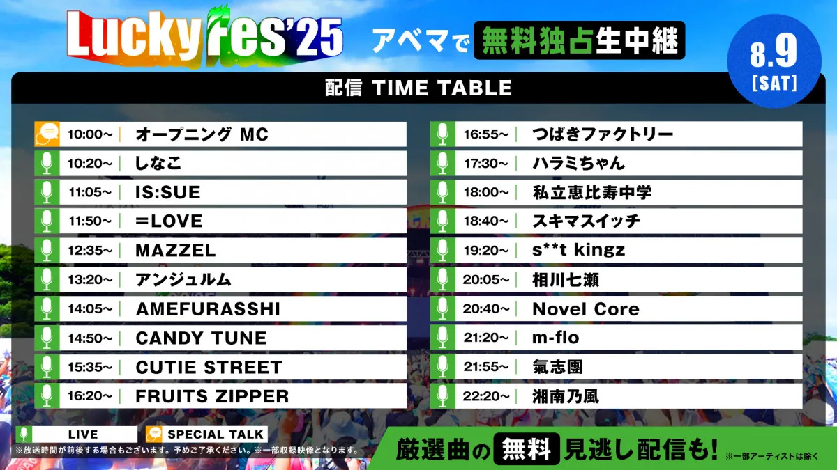 『LuckyFes'25』が開幕！きょう8月9日の配信タイムテーブルをチェック　ABEMAで無料生中継