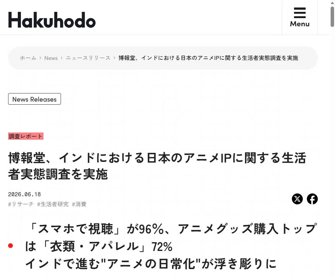 インドで進む"アニメの日常化"が浮き彫りに　「スマホで視聴」が約96％、アニメグッズ購入トップは「衣類・アパレル」約72%