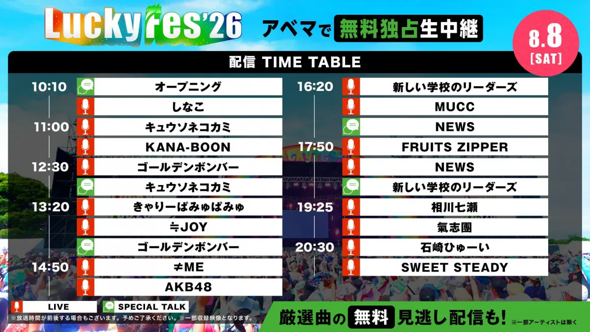 『LuckyFes'26』が開幕！きょう8月8日の配信タイムテーブルをチェック　ABEMAで無料生中継