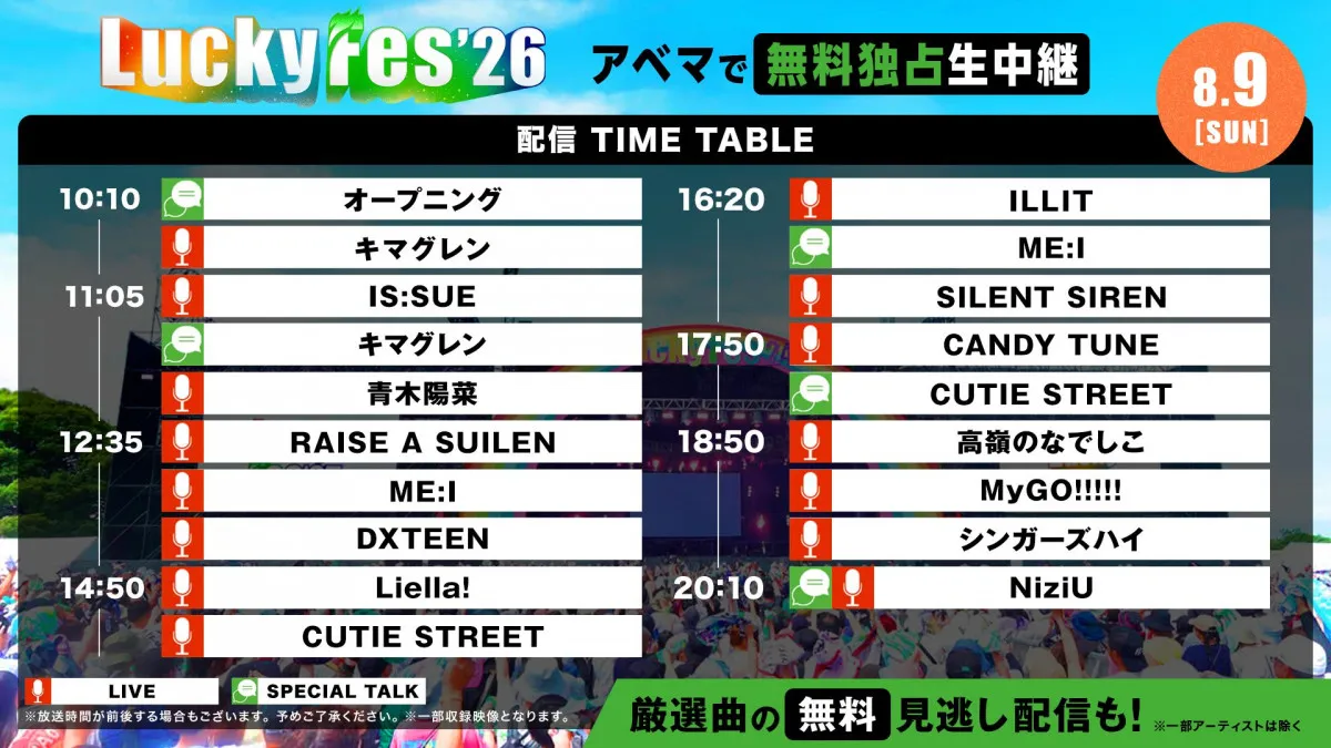 『LuckyFes'26』2日目！きょう8月9日の配信タイムテーブル　NiziU、ILLIT、CANDY TUNEらをABEMAで無料生中継