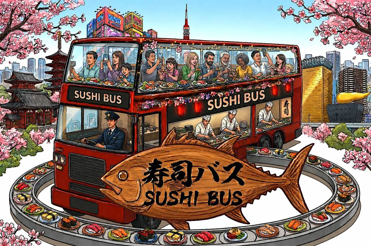 「バスの中で寿司が回る」衝撃の光景　世界初“走る回転寿司”「SUSHI BUS」爆誕【10月から運行を開始】