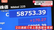日経平均株価2日連続で最高値更新　一時5万9000円台　終値5万8753円　アメリカ半導体大手エヌビディアの決算が予想上回る　利益確定の動きも