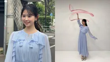【 キンコン梶原の長女・梶原叶渚 】　水色フリルワンピ姿のオフショット　「久しぶりにリボンさわりました」　リボン技を披露