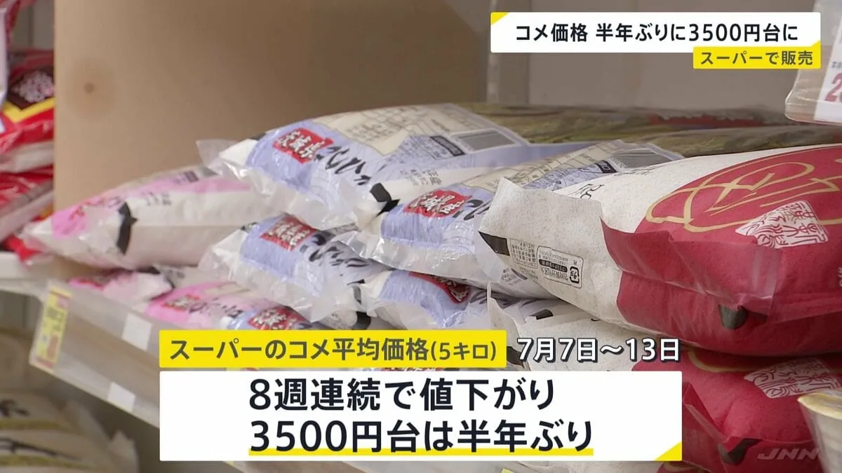 スーパーでのコメ平均価格 8週連続値下がり 半年ぶりに5キロ3500円台　「銘柄米」は依然高水準