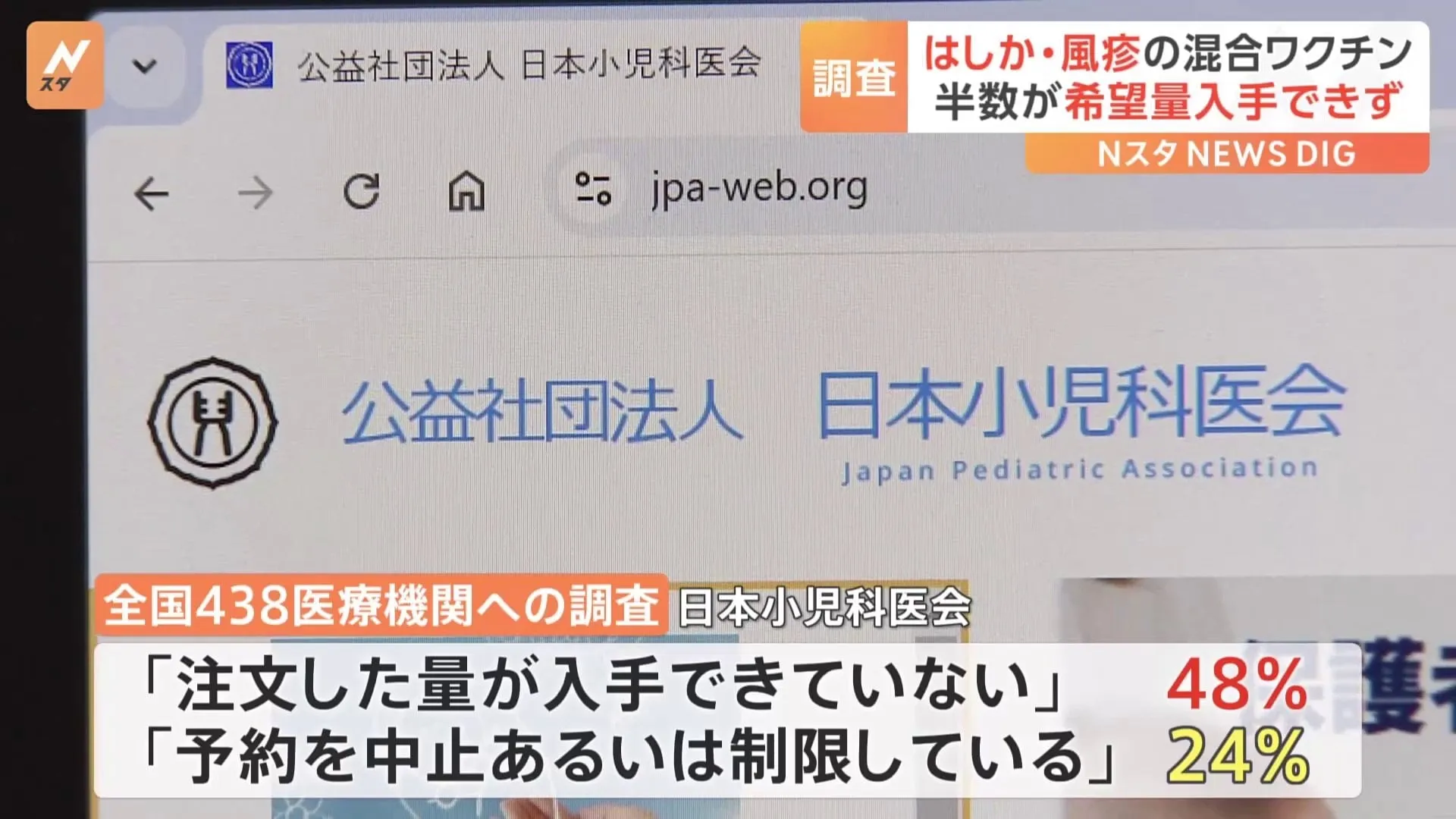 はしかと風疹の混合ワクチン　約半数の医療機関が希望の量を入手できず接種に遅れも　日本小児科医会