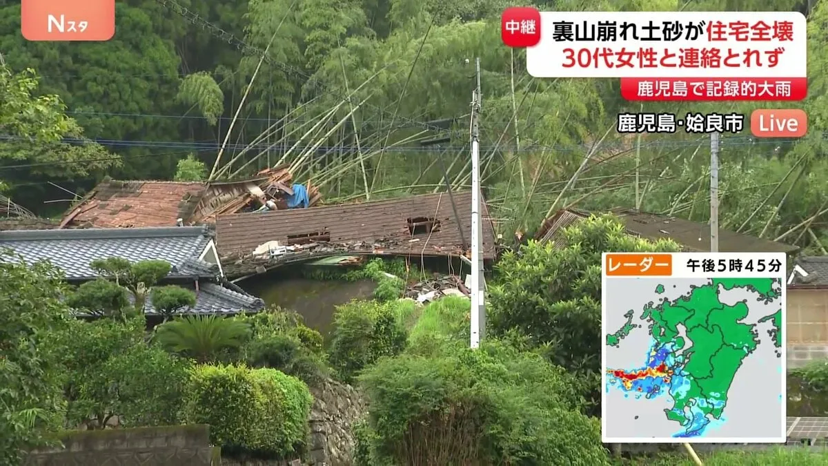 鹿児島で記録的大雨　裏山が崩れ、土砂が住宅1棟と倉庫2棟を直撃　30代長女と連絡とれず「早く見つかってほしい」【姶良市蒲生町　現場中継】