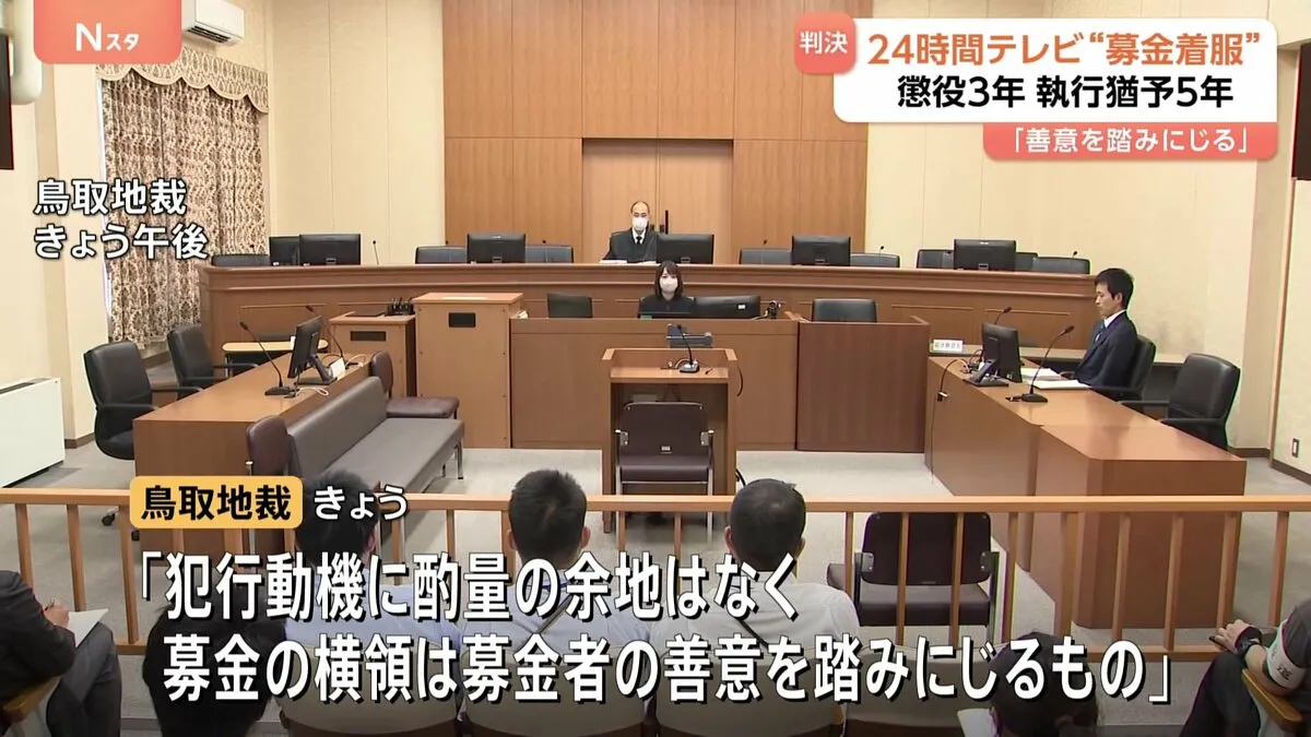 「犯行動機に酌量の余地はなし」24時間テレビ“募金着服”　業務上横領の罪　懲役3年 執行猶予5年の有罪判決　日本海テレビ元経営戦略局長・田村昌宏被告（55）　