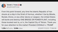 【速報】トランプ大統領「ホルムズ海峡で船舶を攻撃すれば橋や発電所を1か所爆撃する」イランに警告