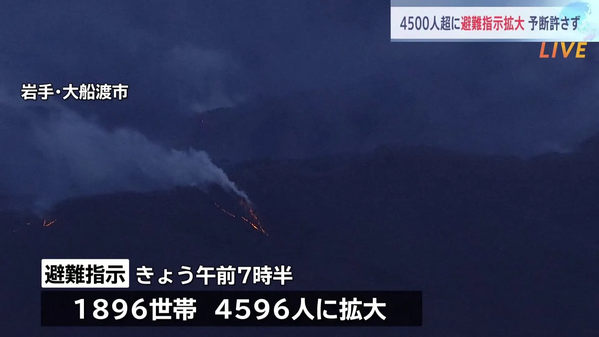 風向きに翻弄され消火活動が難航 岩手・大船渡市の山林火災は延焼続く　避難指示の対象は4596人に