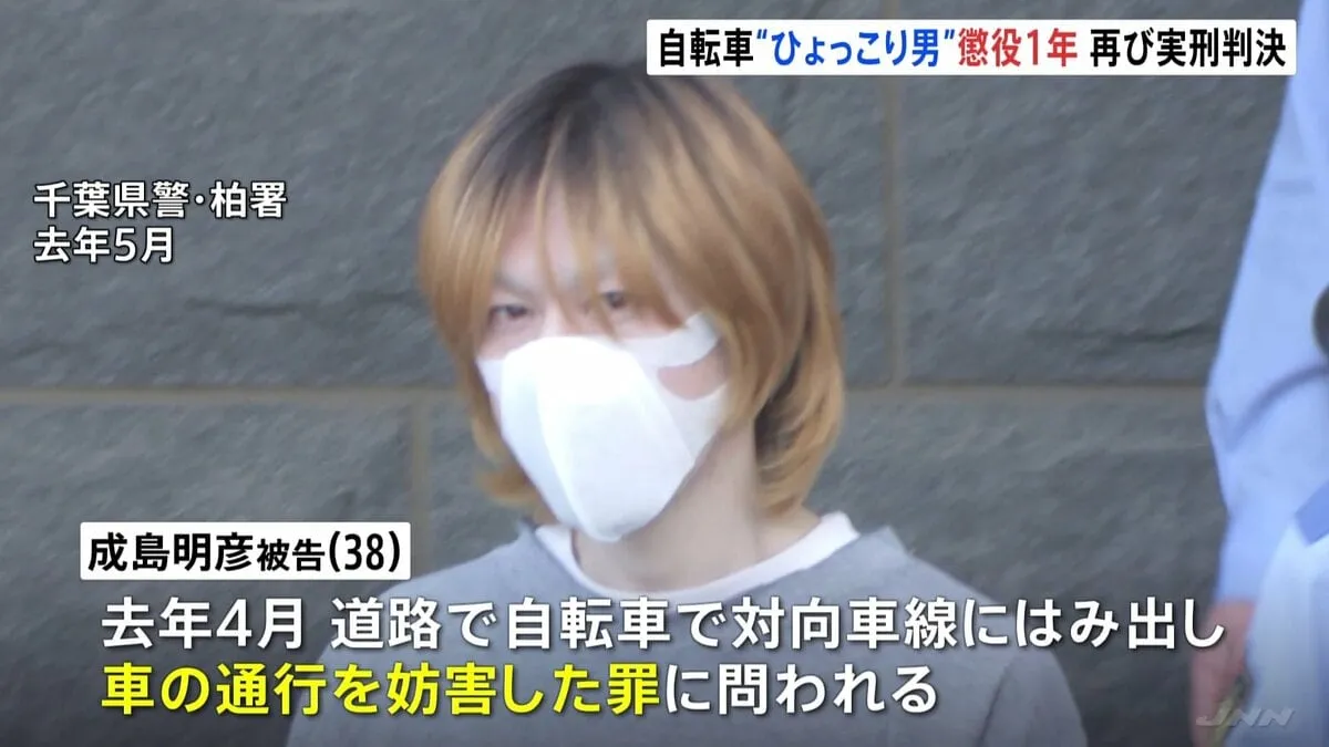 自転車で対向車線に飛び出す危険運転　柏市“ひょっこり男”に懲役1年の実刑判決　過去にも埼玉などで同様の犯行し実刑判決　千葉地裁松戸支部