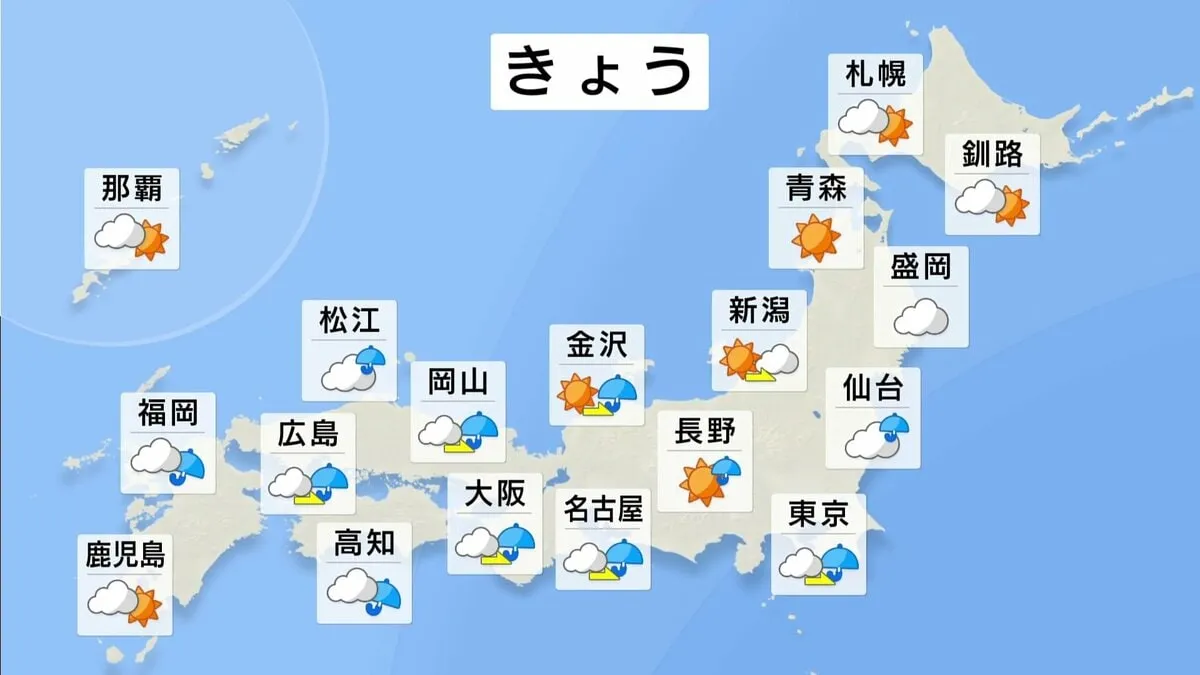 きょう(25日)東日本と西日本の太平洋側を中心に雨の見込み 日中にかけてあまり気温が上がらず冷たい雨に 夕方以降は東北や日本海側でも雨が降り始める予想