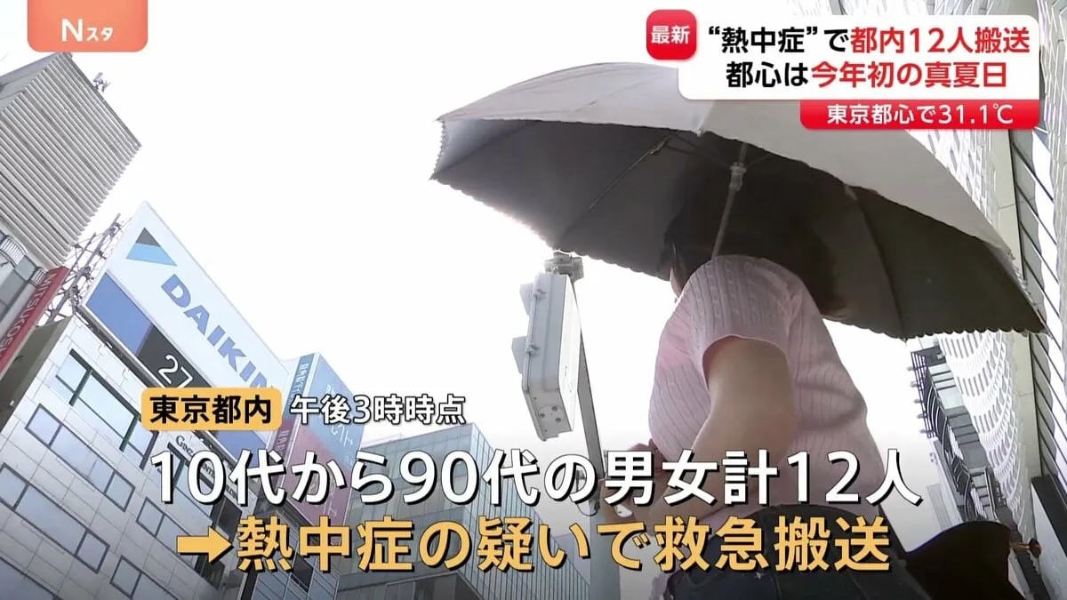 東京都内で10代～90代まで男女12人が熱中症疑いで救急搬送 東京都心はきょう最高気温31.1度で今年初の真夏日　東京消防庁