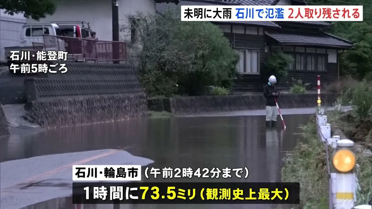 未明の石川・輪島市で大雨73.5ミリ　能登町で川氾濫し男性2人が一時取り残される「勢いがすごすぎて、車が揺れていた」