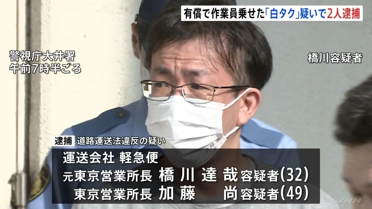 運送会社「軽急便」営業所長ら2人逮捕　荷物と一緒に無許可有償で作業員乗せ“白タク”疑い　警視庁