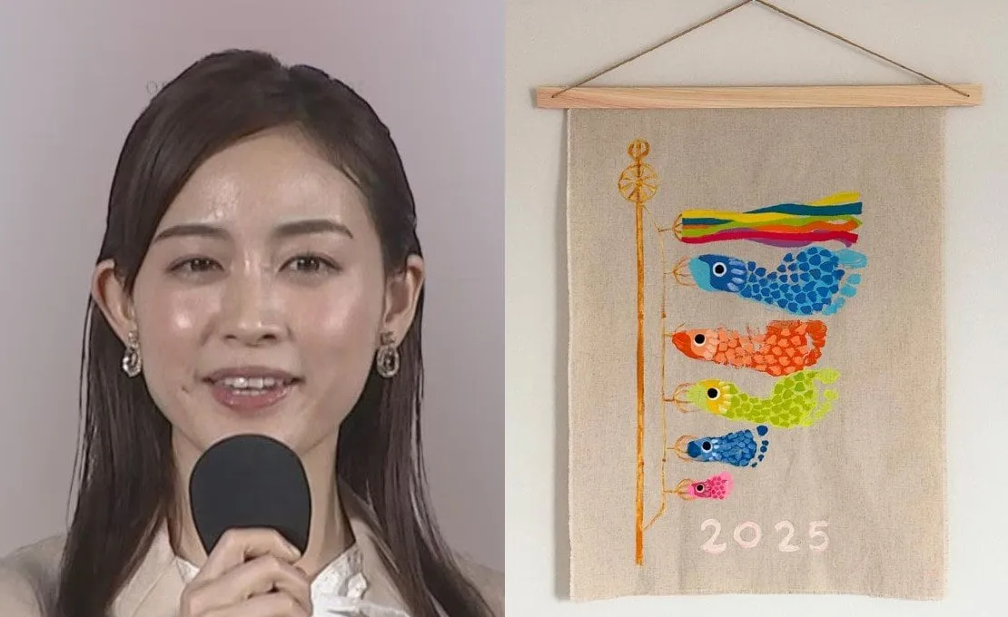 【 新井恵理那 】 「#鯉のぼり タペストリーを作りました」 「夫、母、私、息子、娘と、足裏に布用絵の具」「乾く前に…スタンプ!」