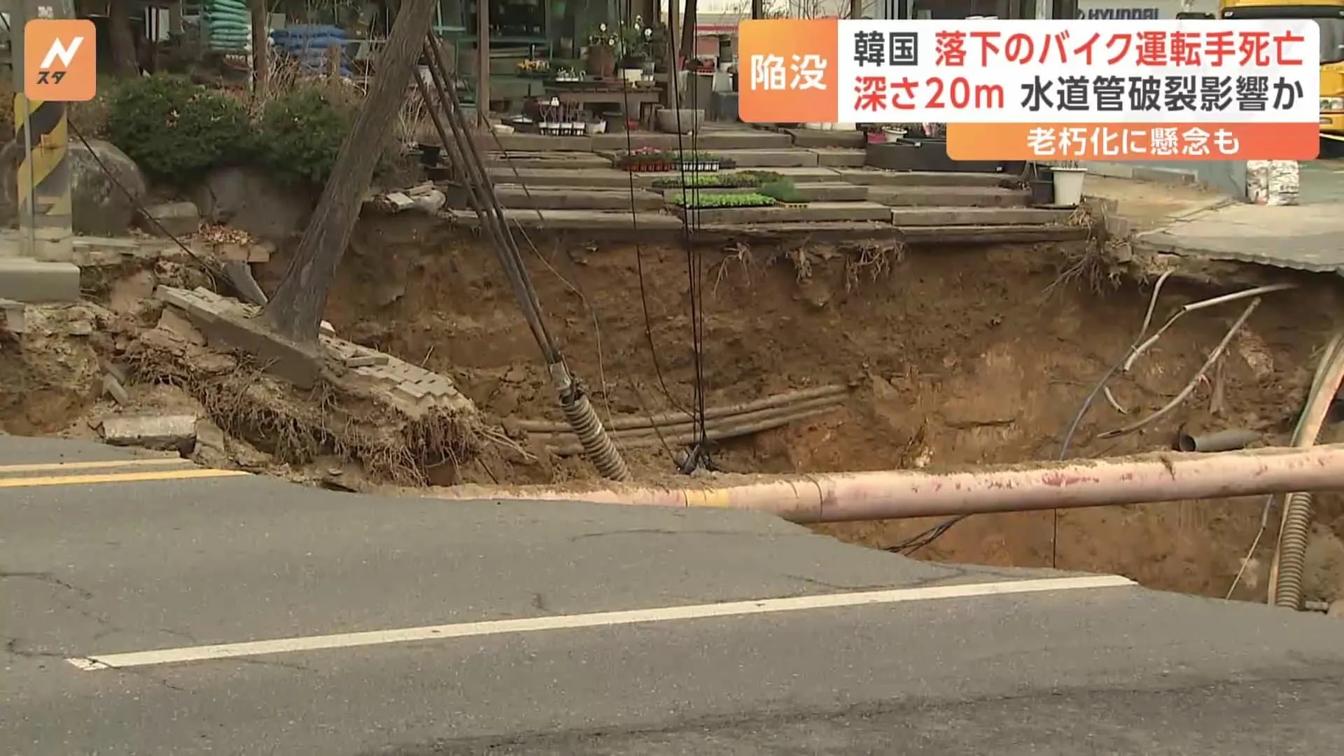 突然道路に深さ約20メートルの穴が…バイクを運転していた男性が死亡　ソウルで大規模陥没　水道管の破裂に伴う漏水が影響か