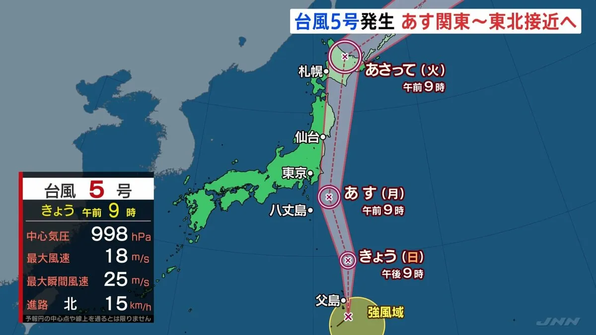 台風5号発生、あす関東から東北に接近する見込み　あさってには北海道にも