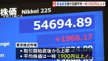 【速報】日経平均株価が大幅反発 一時1900円超の値上がり　午前終値5万4399円　トランプ大統領の「戦争ほぼ完全に終結」発言報道で中東での混乱が早期収束するとの期待感広がる