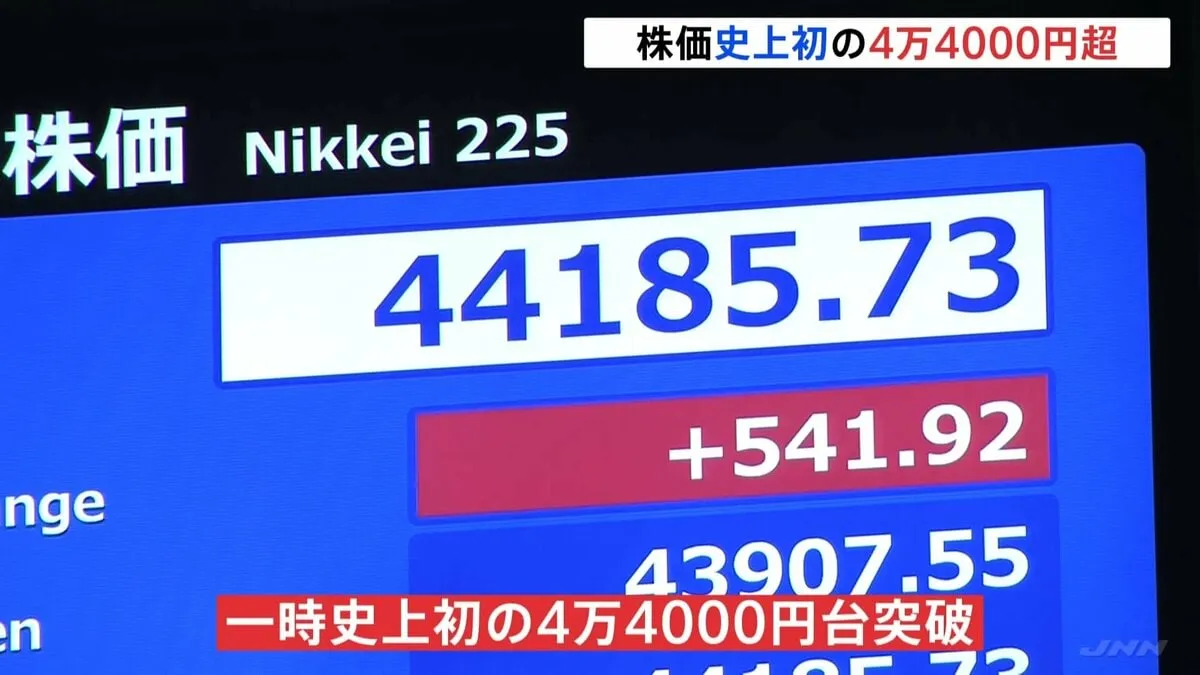 日経平均株価 一時、史上初の4万4000円台を突破 石破総理辞任表明で次期政権への期待が追い風に 午前終値4万3732円80銭