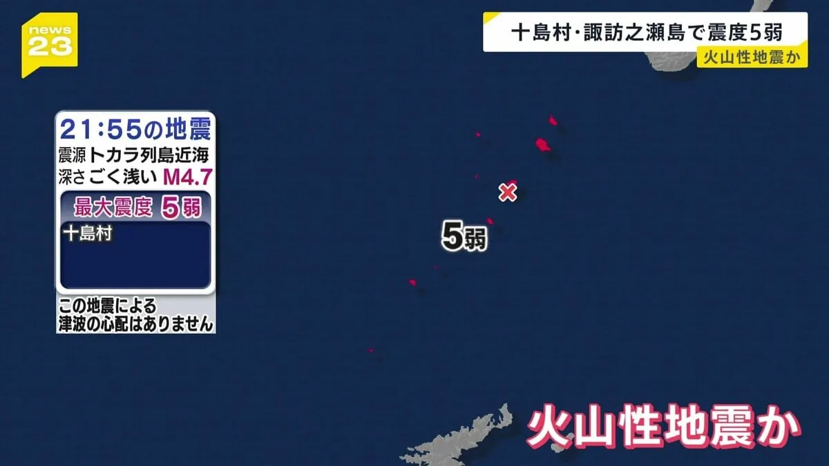鹿児島県十島村で最大震度5弱の強い地震　M4.7と推定　津波の心配なし