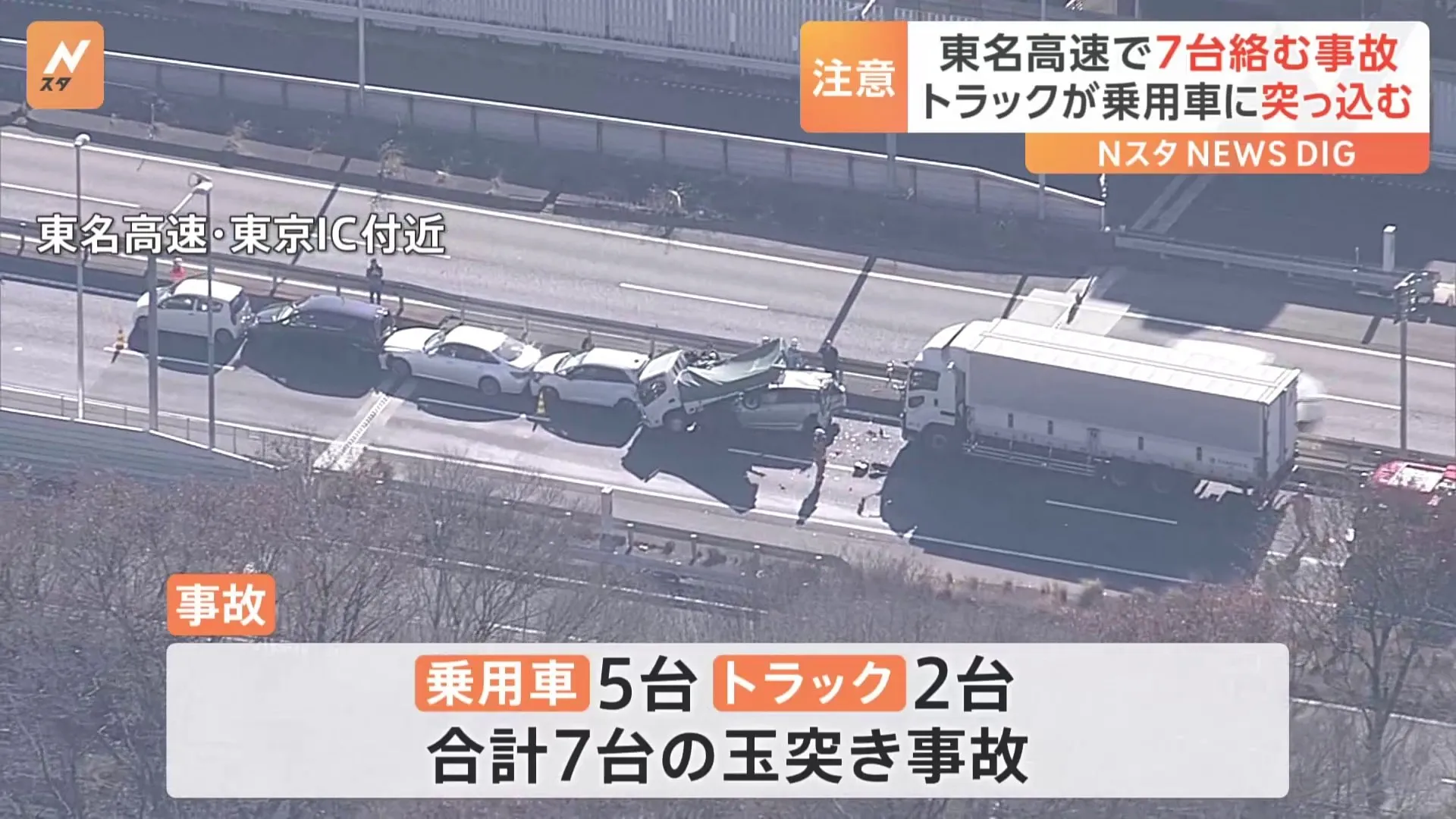 【速報】東名高速で乗用車5台とトラック2台のあわせて7台が絡む事故　けがした7人はいずれも軽傷