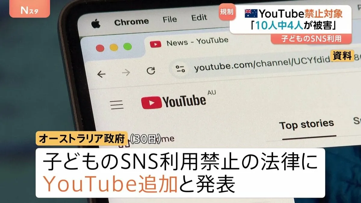 新たにYouTube禁止対象に オーストラリア 16歳未満SNS利用禁止法 2025年12月施行予定