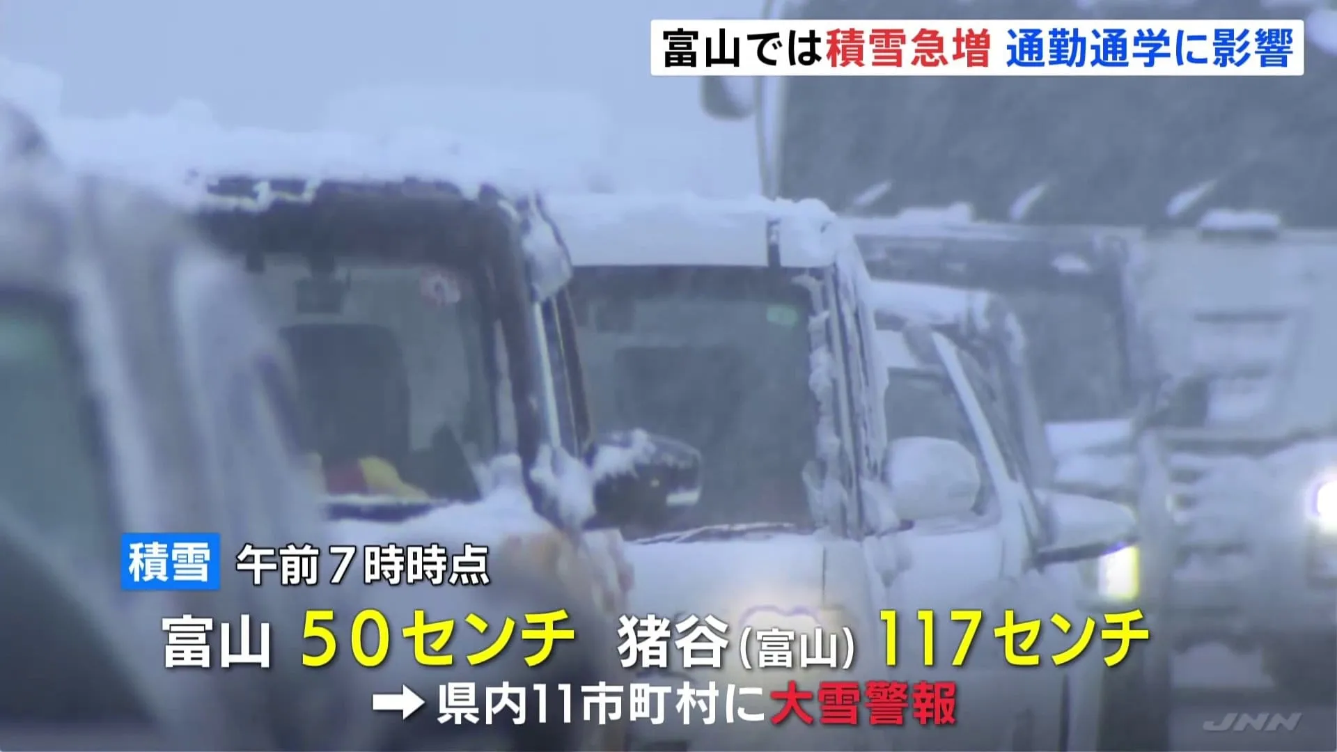 最強寒波 富山県に大雪警報　市街地で50センチの積雪観測　幹線道路で交通渋滞が発生