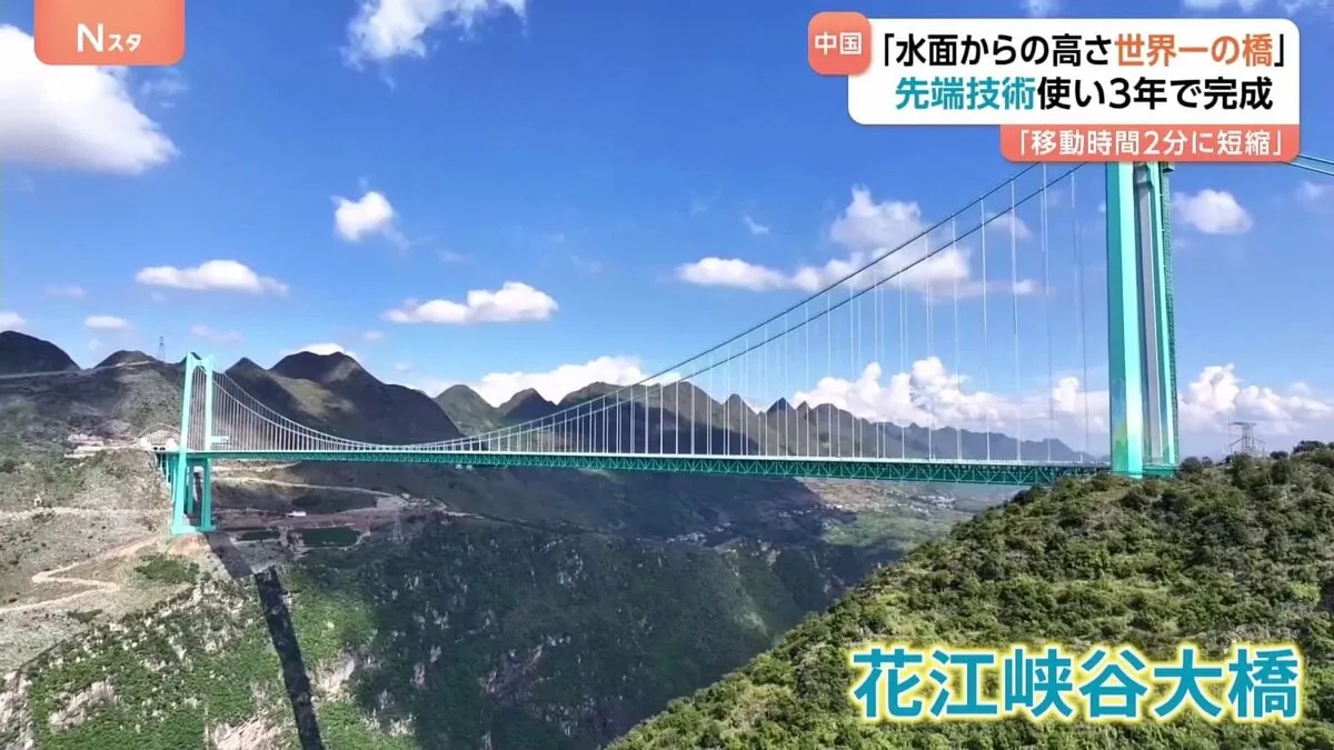 中国で高さ「世界一の橋」開通 川の水面から625m「2時間かかっていた移動が2分に短縮」