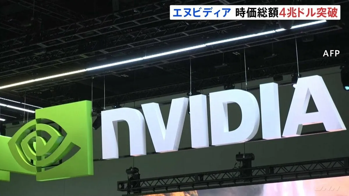 米エヌビディア　時価総額4兆ドルを突破　上場企業で世界初　NY市場で一時株価164ドル台　AI開発に必須の半導体大手