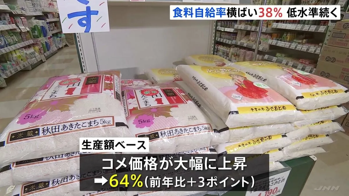 2024年度カロリーベース食料自給率は38％ 低水準続く　生産額ベースは3ポイント上昇し64％ コメの単価上昇が要因