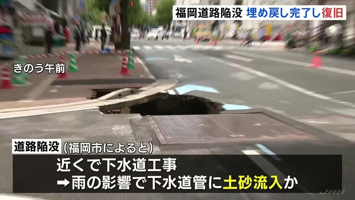 大雨の影響とみられる福岡・天神近くの道路陥没 夜通しの埋め戻しで作業完了 通行止め解除 福岡市市長「原因究明をしていきたい」