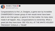 トランプ大統領もドジャースのワールドシリーズ連覇を祝福「おめでとう素晴らしいチャンピオンたち」